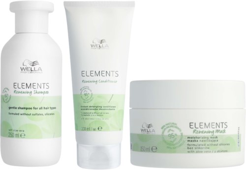 Kolme hiustenhoitotuotetta: shampoo, hoitoaine ja kosteuttava kasvosuoja Wella Elements -sarjasta.