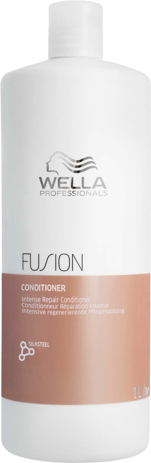 Weiße zylindrische Flasche mit Wella Professionals Logo, gekennzeichnet als Fusion Conditioner, 1 Liter. Schlichtes Design, rosa Streifen am unteren Rand.