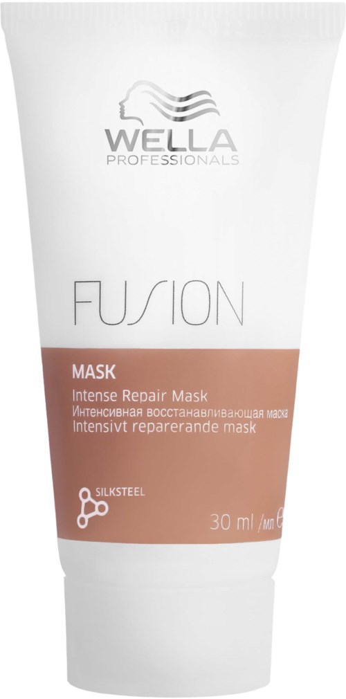 A white tube of Wella Professionals Fusion Intense Repair Mask, 30ml, with a brown label and silver symbols.