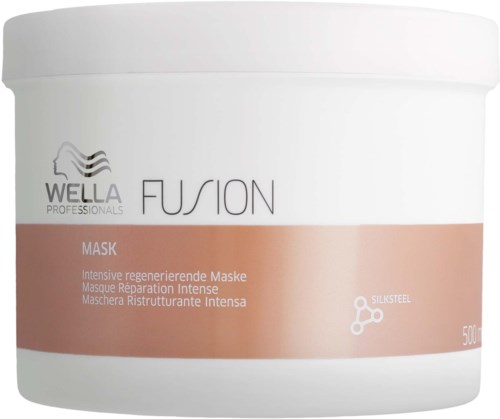 Wella Professionals Fusion mask in a white container, with pink and orange sections, contains hair treatment product.