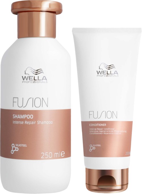 Ein Shampoo- und Conditioner-Set mit weißen und bronzefarbenen Etiketten, Wella Professionals-Logo und Produktnamen.