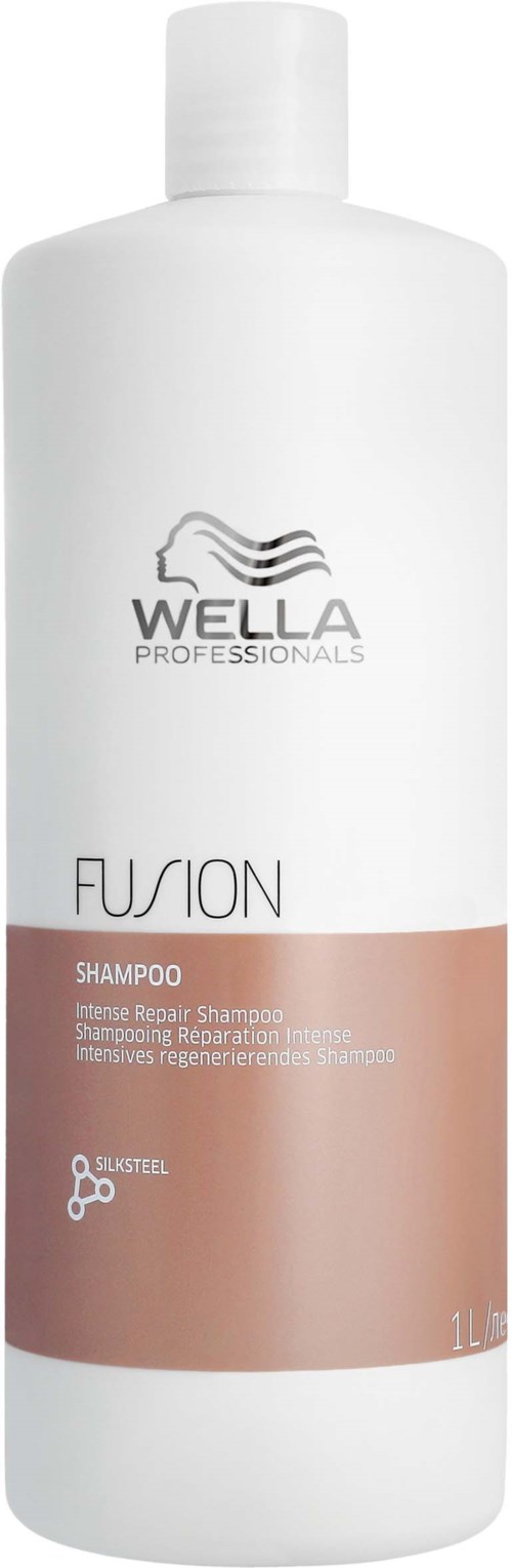 Witte shampoo fles met logo, productnaam en roze band onderaan.