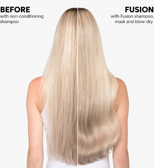 Vergelijking van haar voor en na Fusion-shampoo behandeling, met gladdere en glanzendere haar rechts.