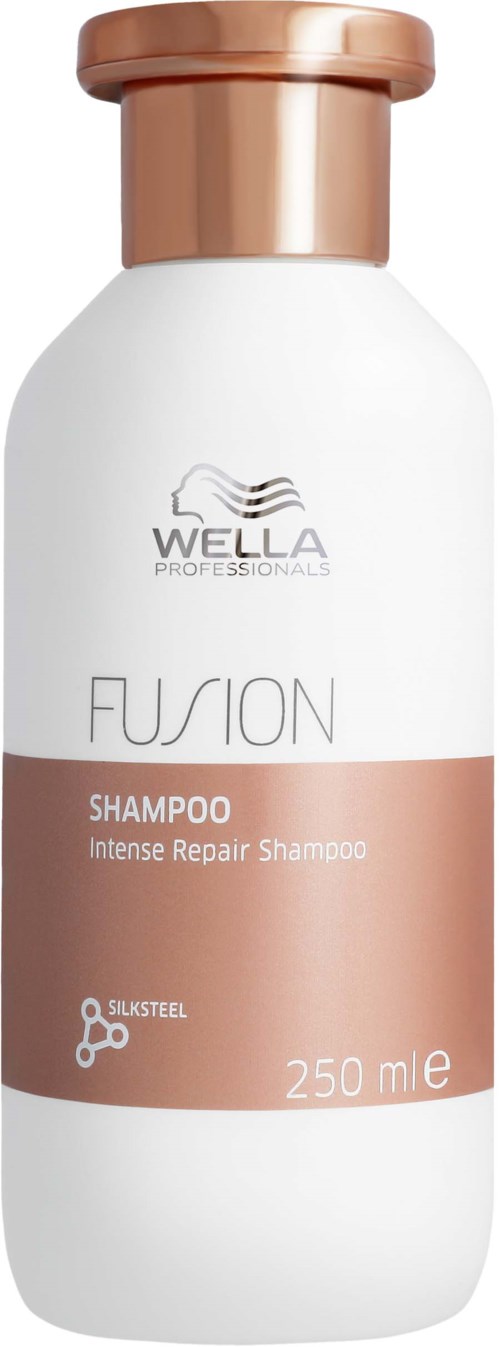 Eine weiße Flasche mit rosegoldenem Deckel, beschriftet als Wella Fusion Shampoo für Haare, 250 ml.
