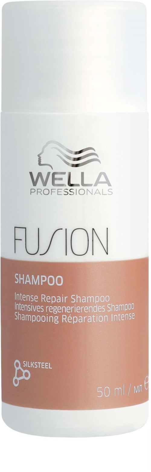 A white and pink bottle of Wella Professionals Fusion shampoo with text describing it as an intense repair shampoo.