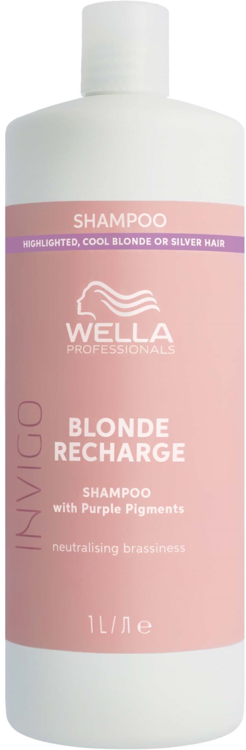 Valkoinen pullo, punainen etiketti, Wella Professionals Blonde Recharge shampoo laventelin sävyillä, 1 litran koko.