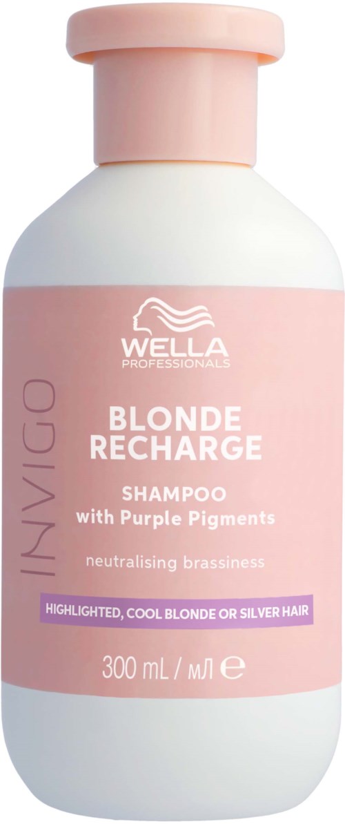 Roze en witte shampoofles met label voor blond en zilver haar met paarse tekst.