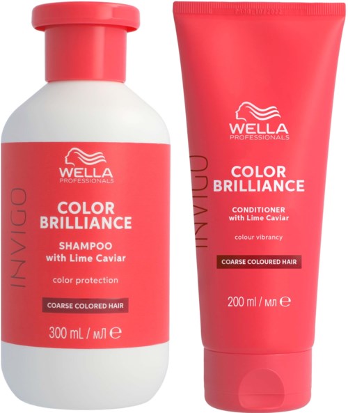 Kaksi Wella-huoltoaineita värjätyille karkeille hiuksille: shampoo ja hoitoaine Lime Caviarilla, punaisissa pulloissa.
