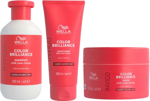 Kolmen hiustenhoitotuotteen pakkaukset: shampoo, hoitoaine ja naamio värjätyille hiuksille.