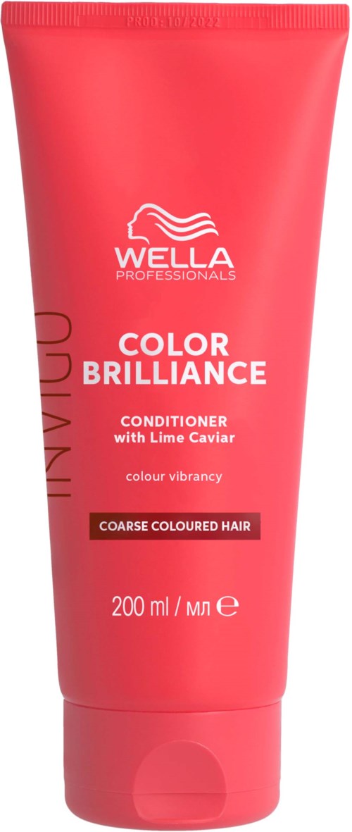 Punainen puteli Wella Color Brilliance hoitoaineella, jossa Lime Caviar, karhealle värjätylle hiukselle.