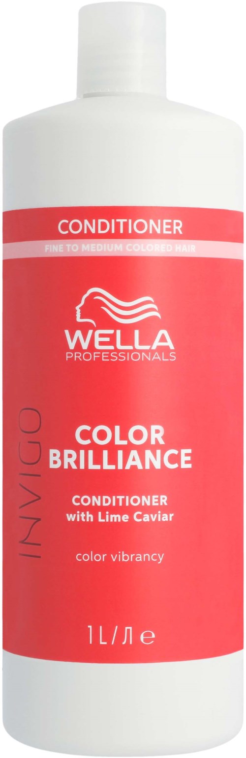 A white bottle with a red label for Wella Professionals hair conditioner, named 'Color Brilliance'.