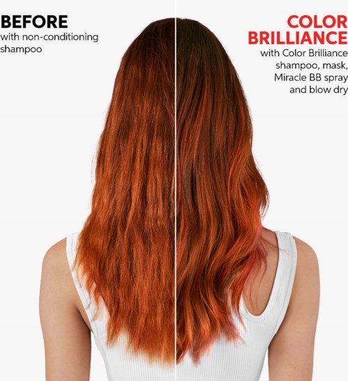 Gedeelde afbeelding van een vrouw met rood haar, voor en na haarverf. De rechterkant is glanzend en levendig.
