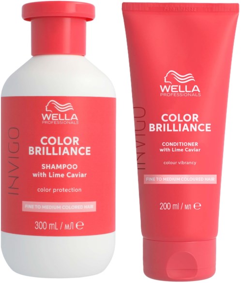 Two pink hair care bottles, one shampoo and one conditioner, with white and pink labels. They are from Wella Color Brilliance.