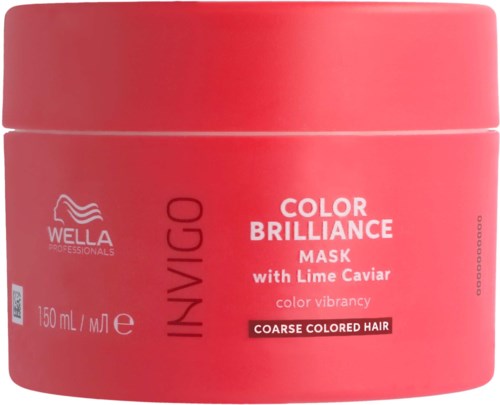 Valkoinen hiusnaamioastia, jossa lukee 'Color Brilliance' ja limekaviaari, tarkoitettu paksulle värjätylle hiukselle.