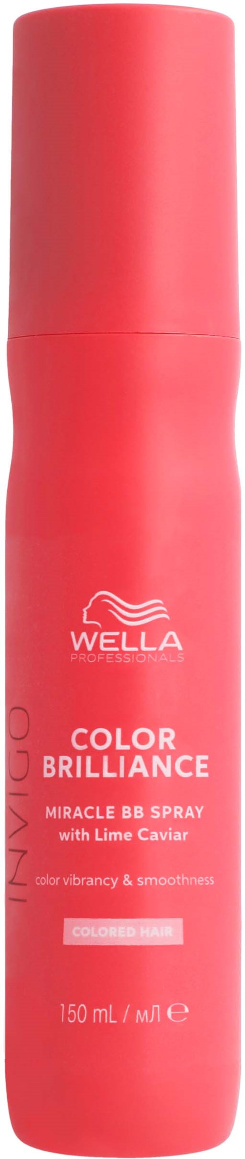 En rosa flaska med Wella Color Brilliance Miracle BB Spray med Lime Caviar, 150 ml, för glänsande hår.