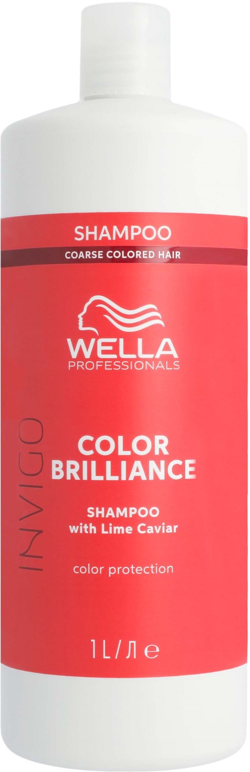 Valkoinen pullo punaisella etikettillä. Wella Professionals shampoot karkealle värjätylle hiukselle limekaviaarilla. 1 litra.