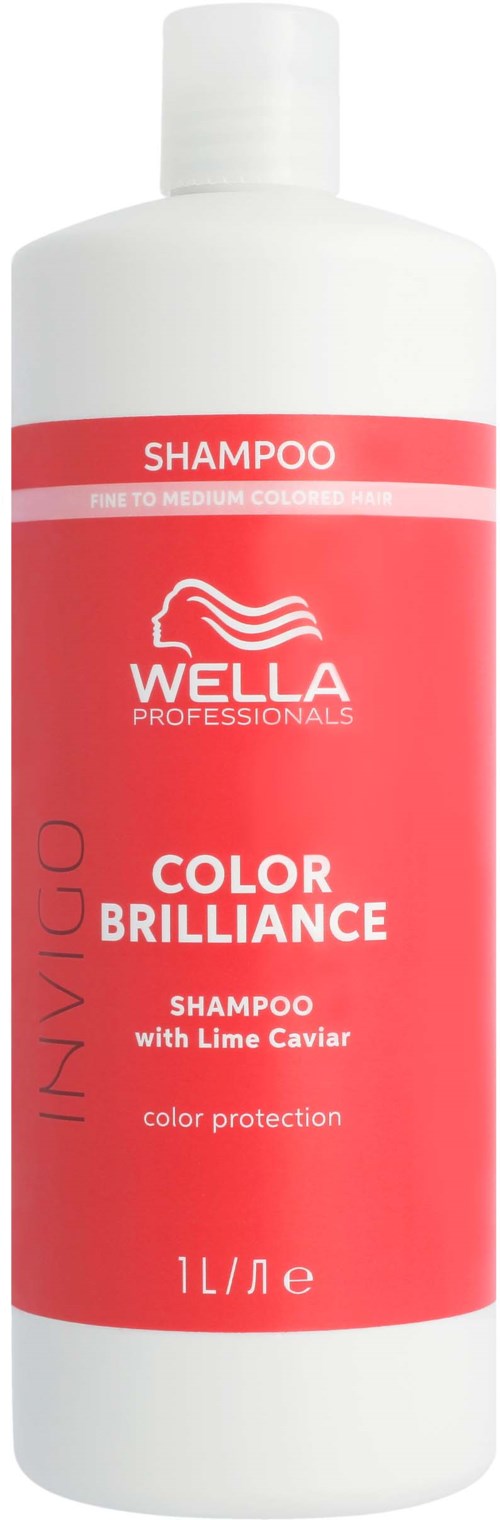 A white and red bottle of Wella shampoo with lime caviar for color protection.