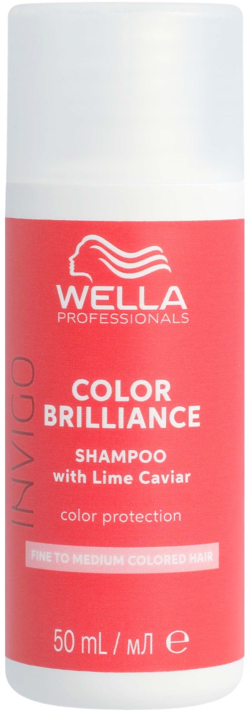 A red and white bottle of Wella Color Brilliance Shampoo with Lime Caviar for medium colored hair.