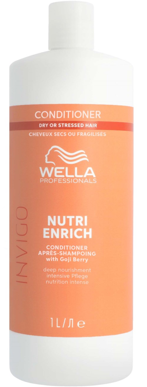 A white bottle of Wella Nutri Enrich conditioner for dry or stressed hair with Goji Berry. It is 1 liter.