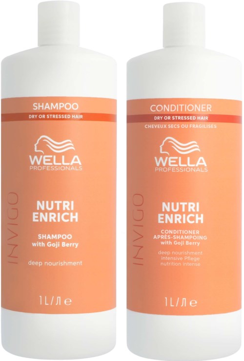 Two bottles of Wella Nutri Enrich shampoo and conditioner for dry or stressed hair with Goji Berry.