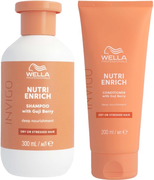 A shampoo and conditioner set for dry or stressed hair, with Goji Berry, in orange and white packaging.