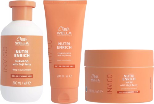 Three hair care products from Wella, including shampoo, conditioner, and mask, all for dry or stressed hair with Goji Berry.