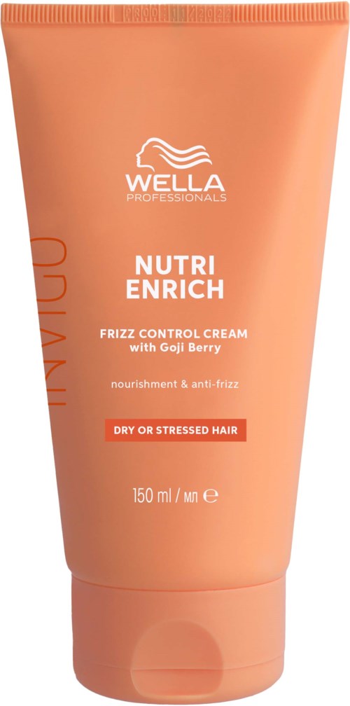 En peachfärgad tub med Wella Nutri Enrich frizzkontrollkräm för torrt eller stressat hår med Goji Berry.