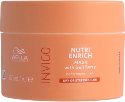 A peach-colored jar of hair mask for dry or stressed hair with Goji Berry, deep nourishment, Wella Professionals logo.
