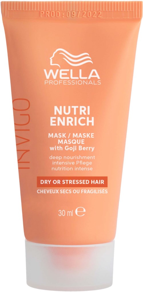A peach-colored tube of Wella Nutri Enrich hair mask for dry or stressed hair, with white cap and informative text.