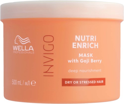 A peach-colored hair mask container from Wella Professionals, labeled for dry or stressed hair with Goji Berry, 500ml.