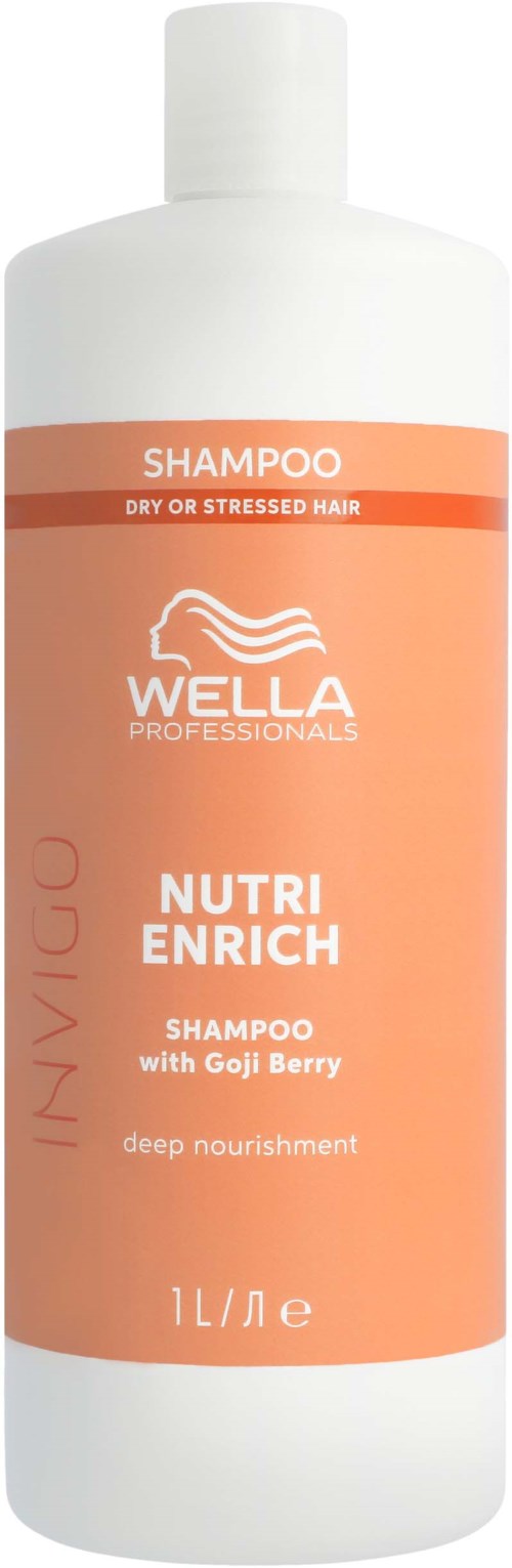 Weiße und pfirsichfarbene Flasche Wella-Shampoo für trockenes oder gestresstes Haar mit Goji-Beere, 1 Liter.