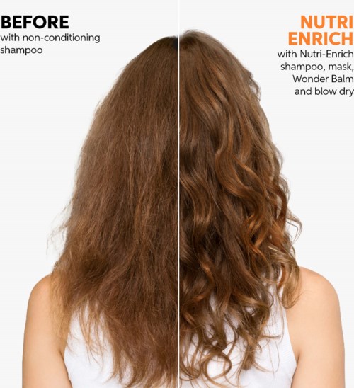 Das Haar einer Frau vor und nach der Verwendung von Nutri-Enrich-Shampoo, zeigt lockiges und unruhiges Haar.