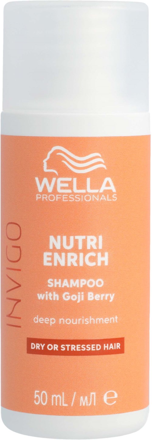 A bottle of Wella Professionals Nutri Enrich Shampoo with Goji Berry for dry, stressed hair, containing 50 ml.