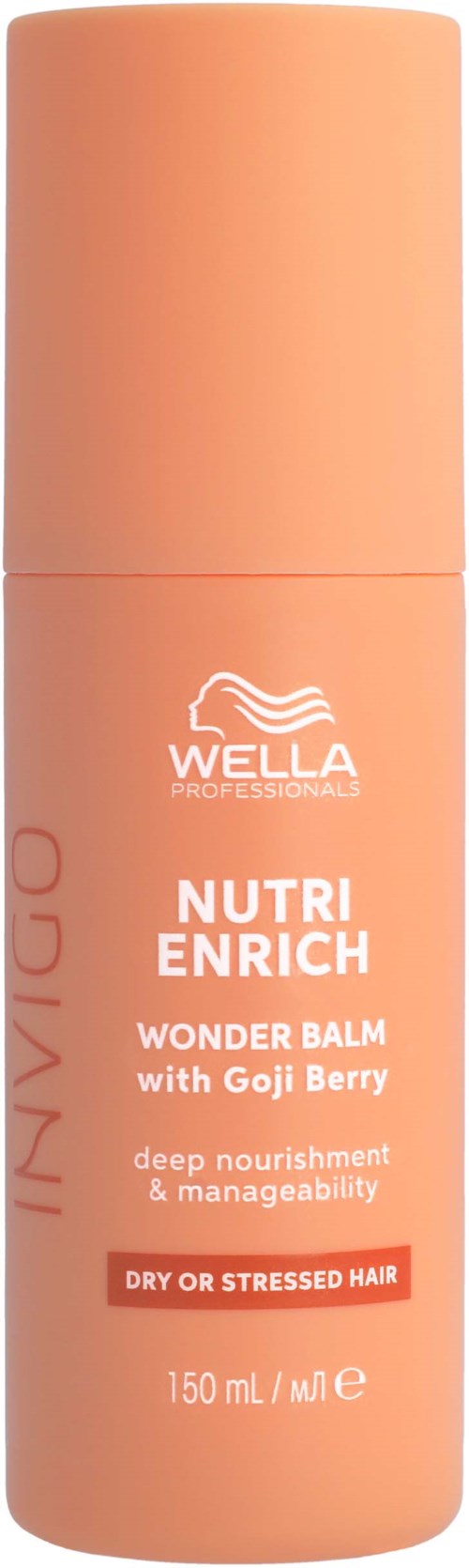 Persikan värinen pullo Wella Nutri Enrich Wonder Balm kuivaan tai stressaantuneeseen hiukseen Goji Berryllä. Tärkeimmät ominaisuudet: ravitseva ja hallittava hius.
