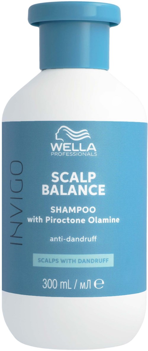 Eine weiße Flasche mit blauer Kappe, gekennzeichnet Wella Professionals Scalp Balance Shampoo, 300 ml.