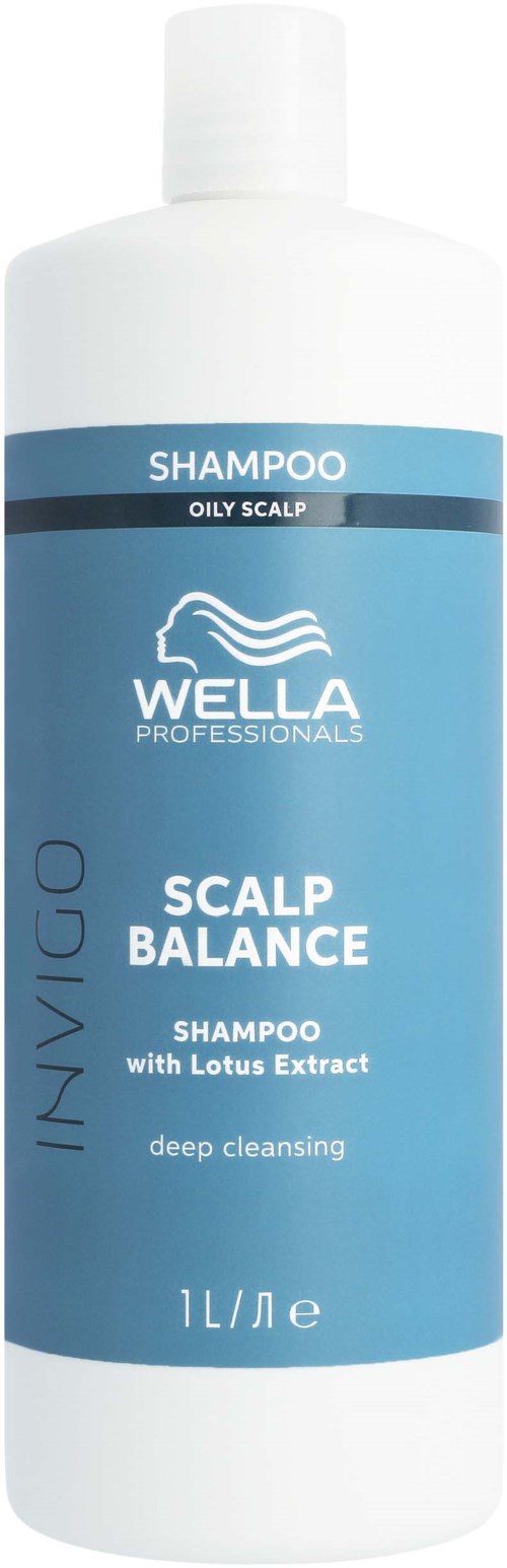 Weißer Flasche mit blauer Etikette für Wella Professionals Kopfhaut-Shampoo mit Lotus-Extrakt. Für fettige Kopfhaut und Tiefenreinigung.