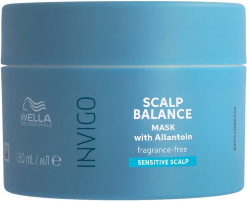 A blue container for Wella Invigo scalp balance mask, for sensitive scalp, fragrance-free, 150ml.