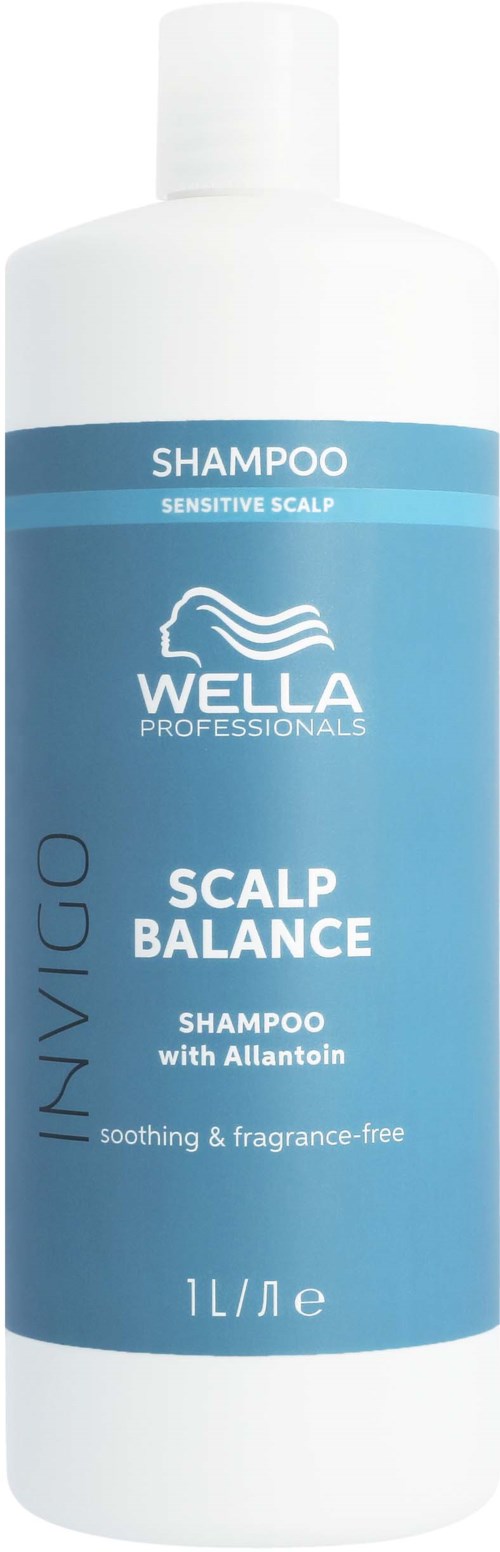 Een witte fles Wella hoofdhuidshampoo voor gevoelige hoofdhuid, bevat 1 liter, verzachtend en geurvrij.