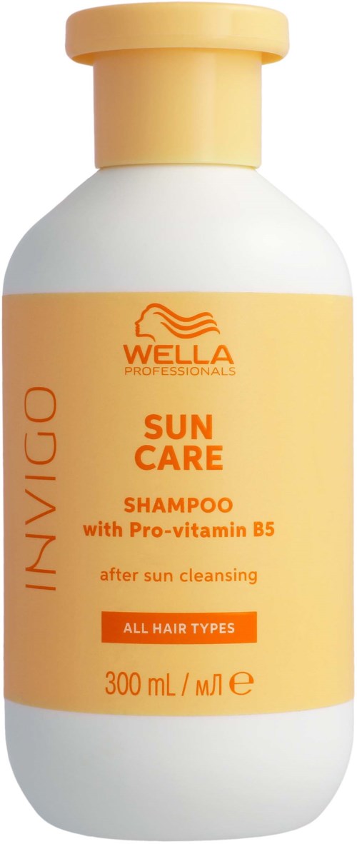 A white bottle with yellow cap and label, advertising Wella Invigo Sun Care Shampoo for all hair types.