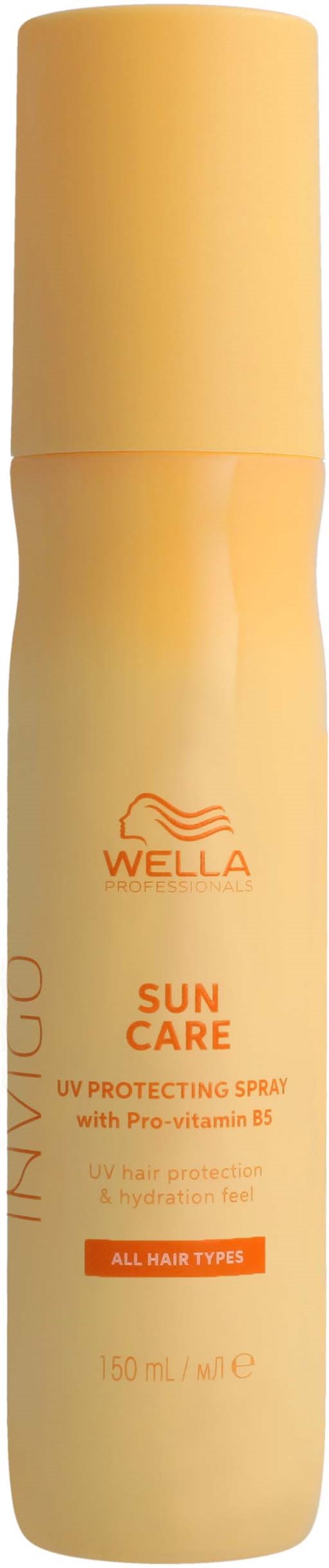 Keltainen pullo, jonka merkkinen Wella Sun Care UV-suojelusuihke Pro-vitamiini B5:llä kaikille hiustyypeille.