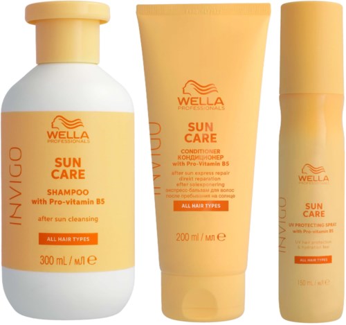 Kolme Wella Sun Care -tuotetta: shampoota, hoitoainetta ja suihketta, kaikille hiustyypeille, sisältää Pro-vitamiini B5, keltaisissa pulloissa.
