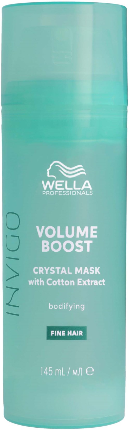 En hög, ljusblå flaska märkt Wella professionals, Volume Boost kristmask med bomulls-extrakt, för fint hår, 145 ml.