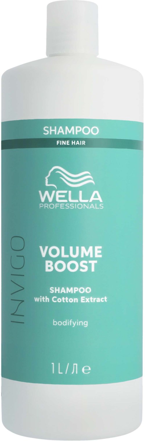 A white and teal bottle of Wella shampoo for fine hair, labeled VOLUME BOOST, with cotton extract, 1 liter.