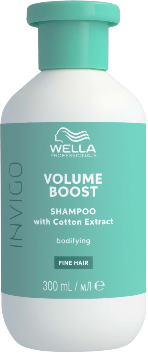 A white and green bottle of Wella Professionals Volume Boost shampoo with cotton extract for fine hair.