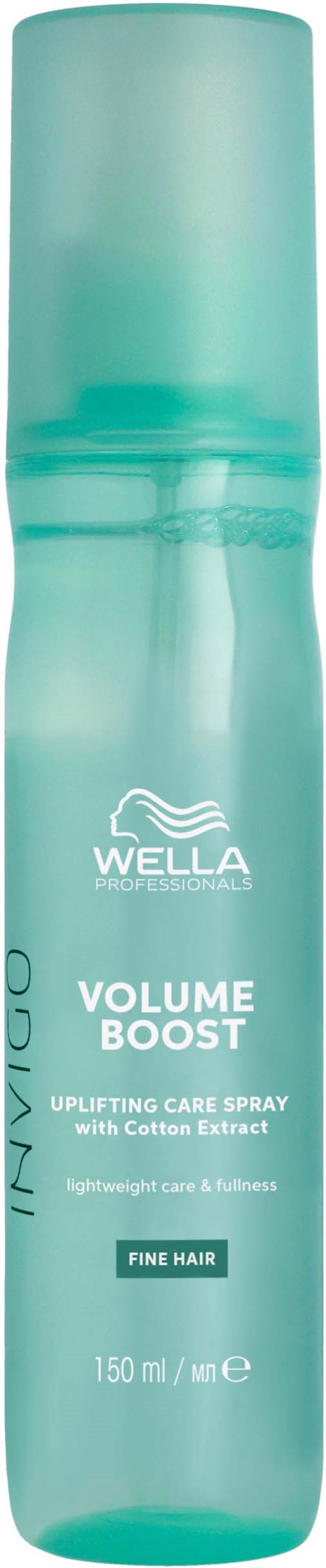 Turkusowa butelka sprayu do włosów Wella Volume Boost dla cienkich włosów, z nakrętką, 150 ml i prostym białym tekstem.
