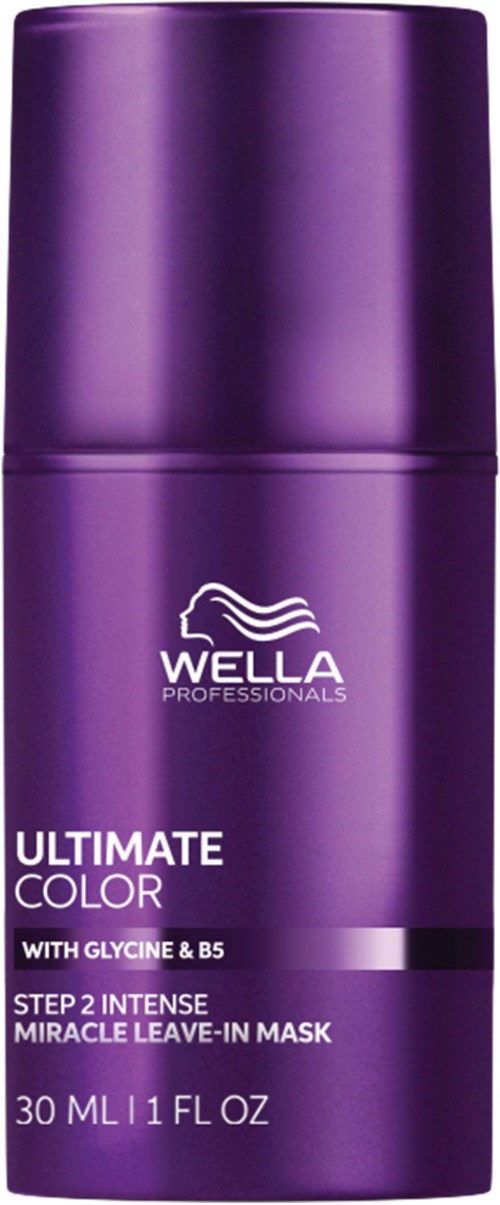 A purple bottle of Wella hair dye, labeled as 'Ultimate Color,' 30ml, with ingredients like Glycine and B5.