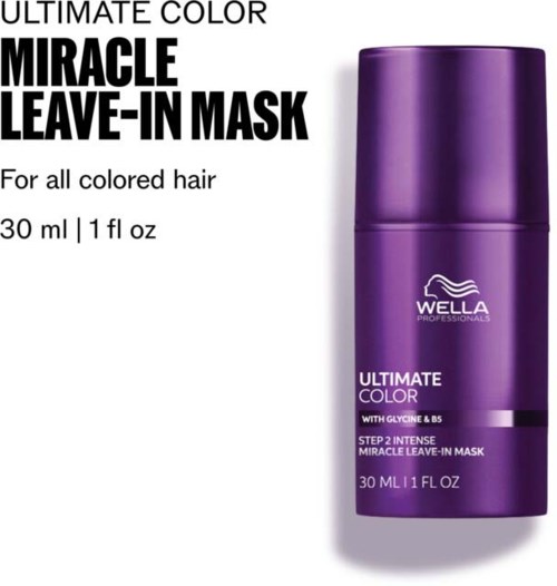 Purple bottle with black text, a white Wella logo, and product details for hair mask.