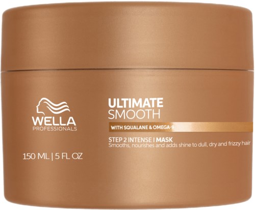 Dies ist ein brauner Behälter mit Wella Professionals Haarkur. Es ist als Ultimate Smooth mit Squalane und Omega-9 gekennzeichnet.