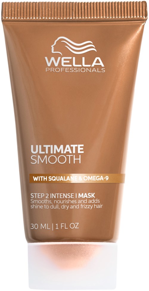 Eine braune Tube Wella Professionals Haarkur mit weißem und goldenem Text, die glättet und nährt trocken, krauses Haar.