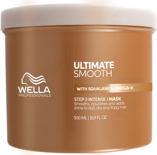 Ein brauner Behälter mit Wella Professionals Haarmaske für glattes, glänzendes Haar. Enthält Squalan und Omega-9. Für mattes, trockenes, frizziges Haar.